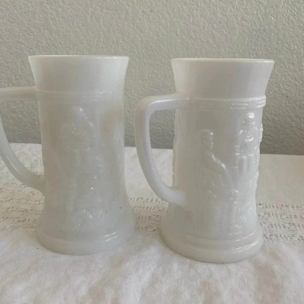 Vintage White Milk Glass Mugs Beer Steins Set of 2 Raised Pub Scene Tankard Cups